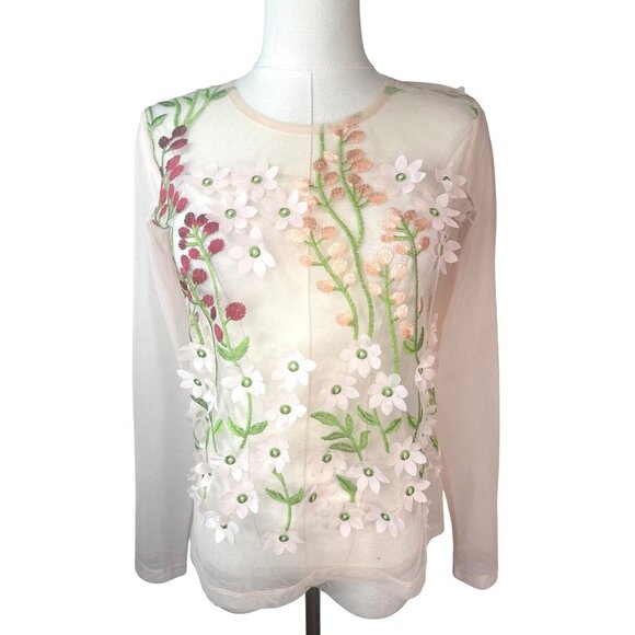 ZARA Sheer Mesh Small Floral Embroidered Long Sleeve Lightweight Dainty - Picture 1 of 14